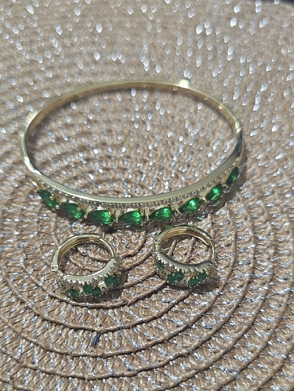 Gold-Tone Green Crystal Bracelet and Hoop Earrings Set